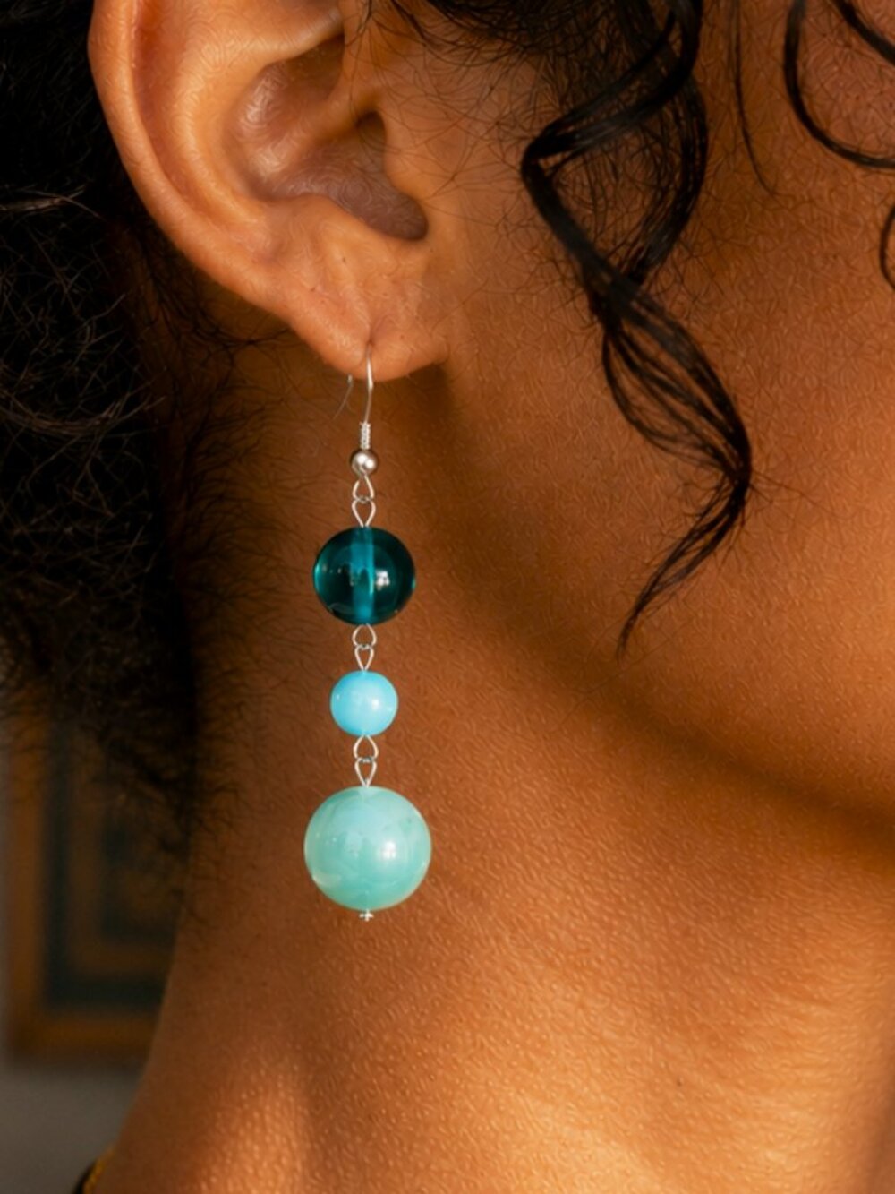Teal Glass, Chrysocolla, & Angelite Stone Dangle Earrings, Sterling Silver Hooks